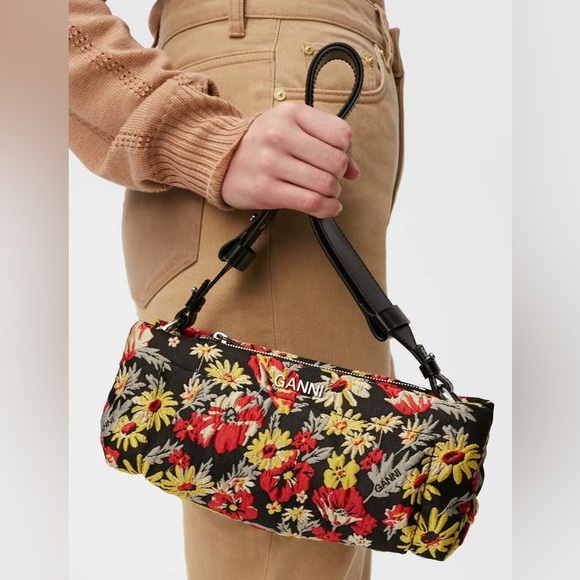GANNI Pillow Floral Jacquard Baguette Shoulder Bag Meadow Black Nylon Designer - Picture 1 of 12